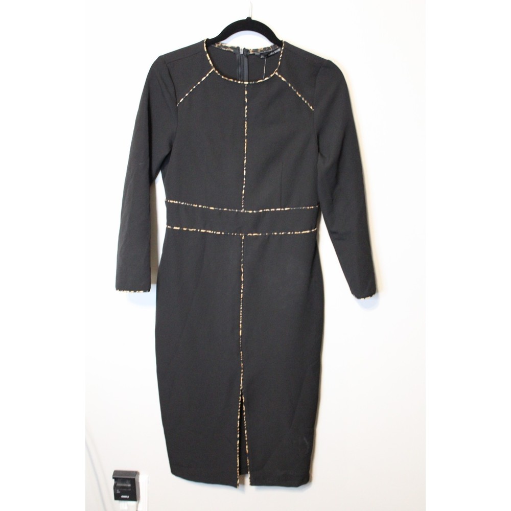 NWT Zara Basic Black Pencil Dress with Leopard Cheetah Detail Size M